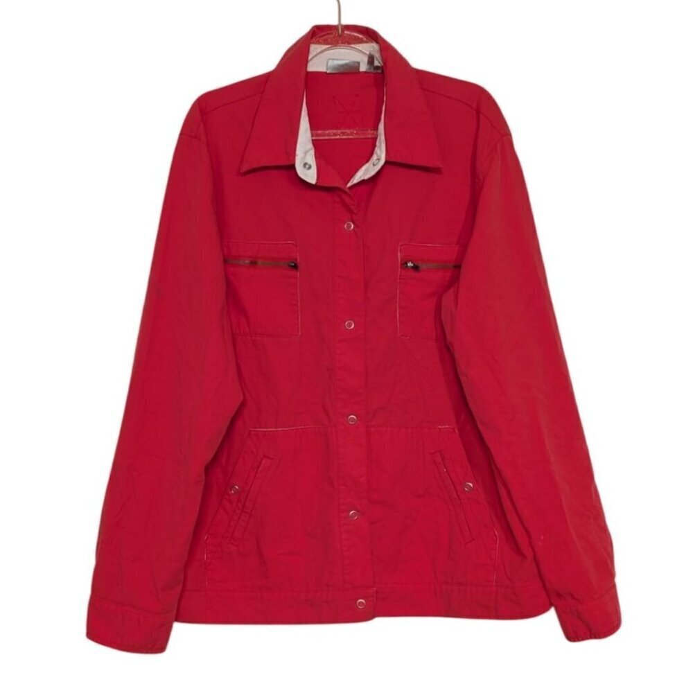 Chicos 2 Utility Jacket Womens Size Large Orange Roll Tab Snap Front Cotton